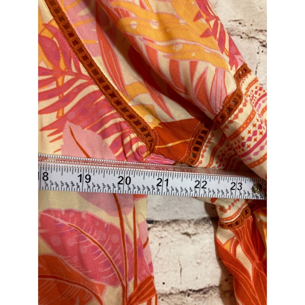 Haute Hippie Peasant Top Womens Medium Beaded Tassels Monstera Print Pink‎ Boho - Picture 9 of 14